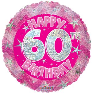 18" Holographic Pink Happy 60th Birthday Balloon