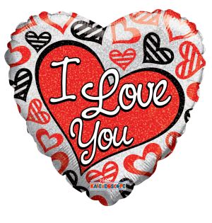 18" I Love You Red & Black Hearts Holographic Balloon