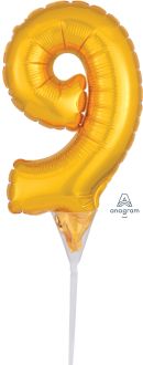 06" Gold Number 9 Cake Pick Micro Balloon