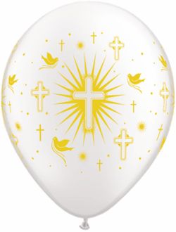 11" Cross and Doves Pearl White with Gold Ink (50pcs) Balloons