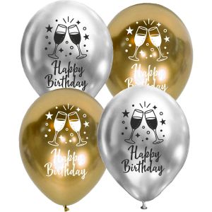 12" Happy Birthday Champagne Cheers Silver and Gold (50pcs) Balloons