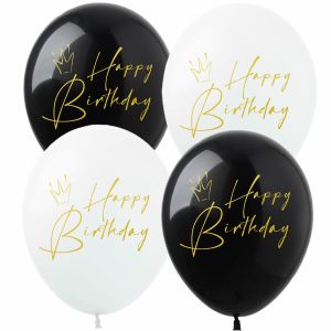12" Happy Birthday Crown Gold Print Black and White (50pcs) Balloons