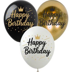 12" Happy Birthday Script Gold Black and White (50pcs) Balloons