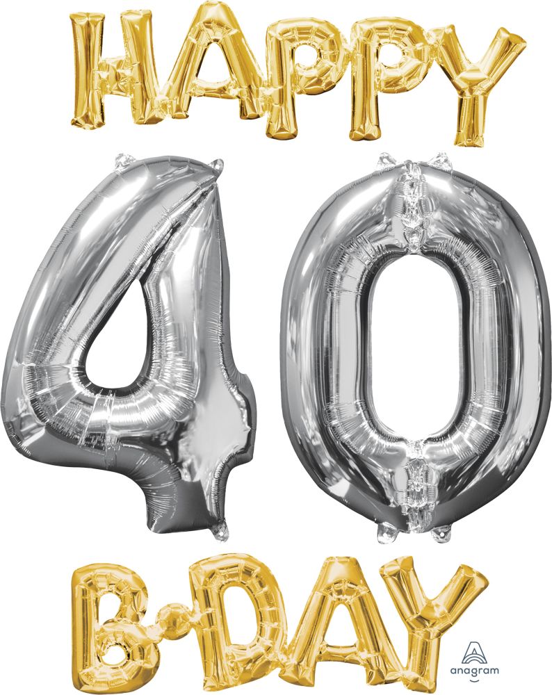 Phrase Kit Happy Bday 40 Gold and Silver Balloon