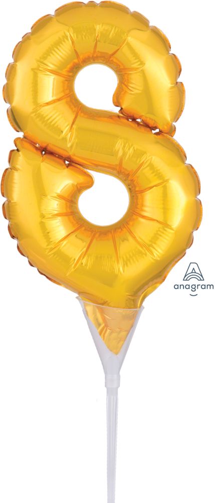 06" Gold Number 8 Cake Pick Micro Balloon