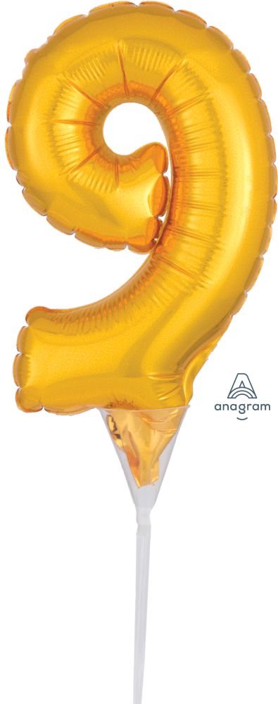 06" Gold Number 9 Cake Pick Micro Balloon