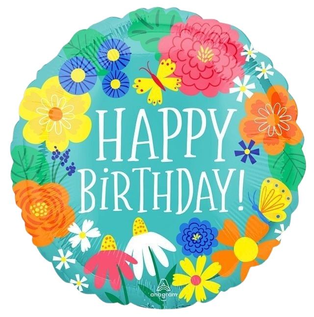 18" Happy Birthday Pretty Flowers In Teal Balloon