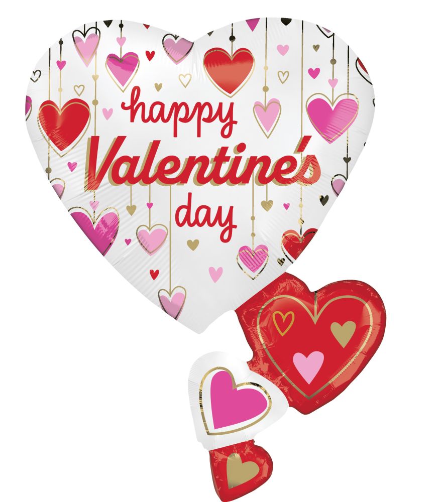 SuperShape Happy Valentines Day Satin Dangling Hearts Balloon