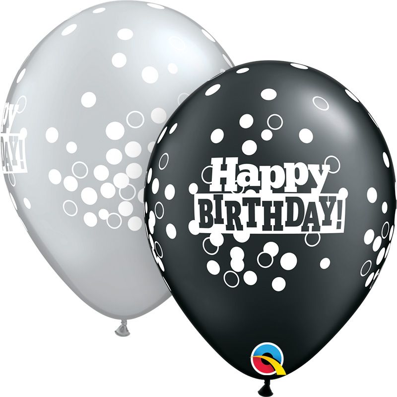 11" Birthday Confetti Dots Assortment Pearl Onyx Black and Silver (50pcs) Balloons