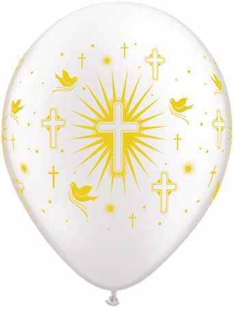 11" Cross and Doves Pearl White with Gold Ink (50pcs) Balloons