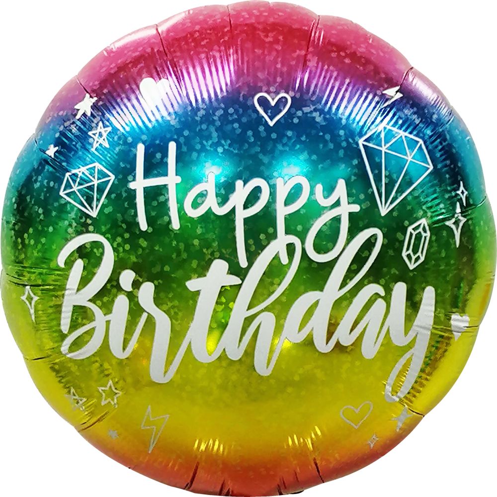18" Happy Birthday White Script Rainbow Balloon