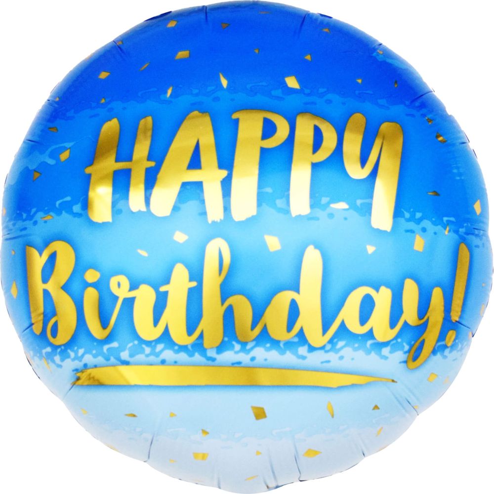 18" Happy Birthday Gold Print on Blue Balloon