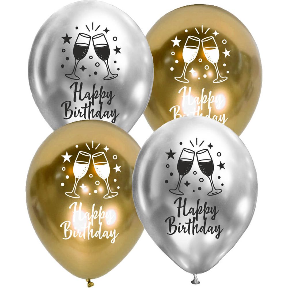 12" Happy Birthday Champagne Cheers Silver and Gold (50pcs) Balloons
