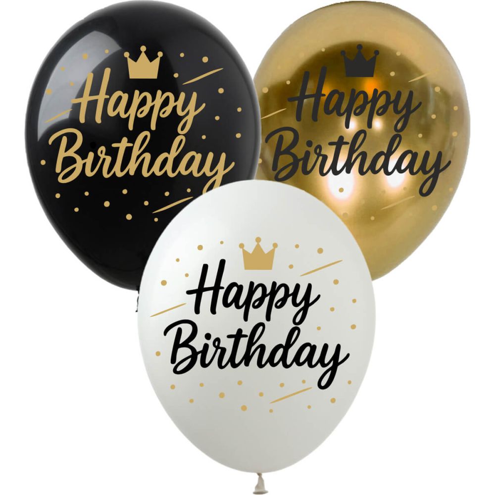 12" Happy Birthday Script Gold Black and White (50pcs) Balloons