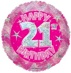 18" Iridescent Pink Happy 21st Birthday Balloon