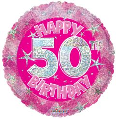 18" Holographic Happy 50th Birthday Pink Balloon