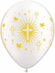 11" Cross and Doves Pearl White with Gold Ink (50pcs) Balloons